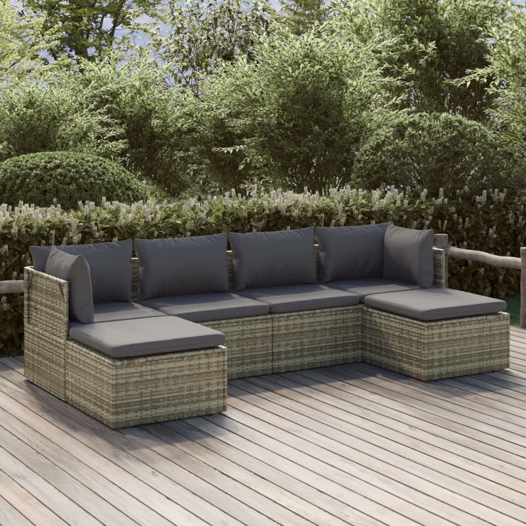 6-tlg. Garten-Lounge-Set mit Kissen Grau Poly Rattan