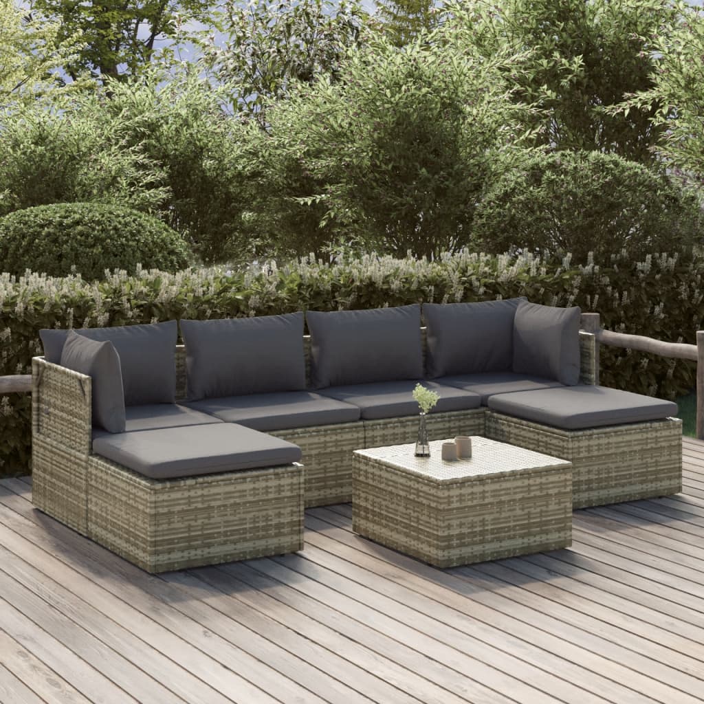 6-tlg. Garten-Lounge-Set mit Kissen Grau Poly Rattan
