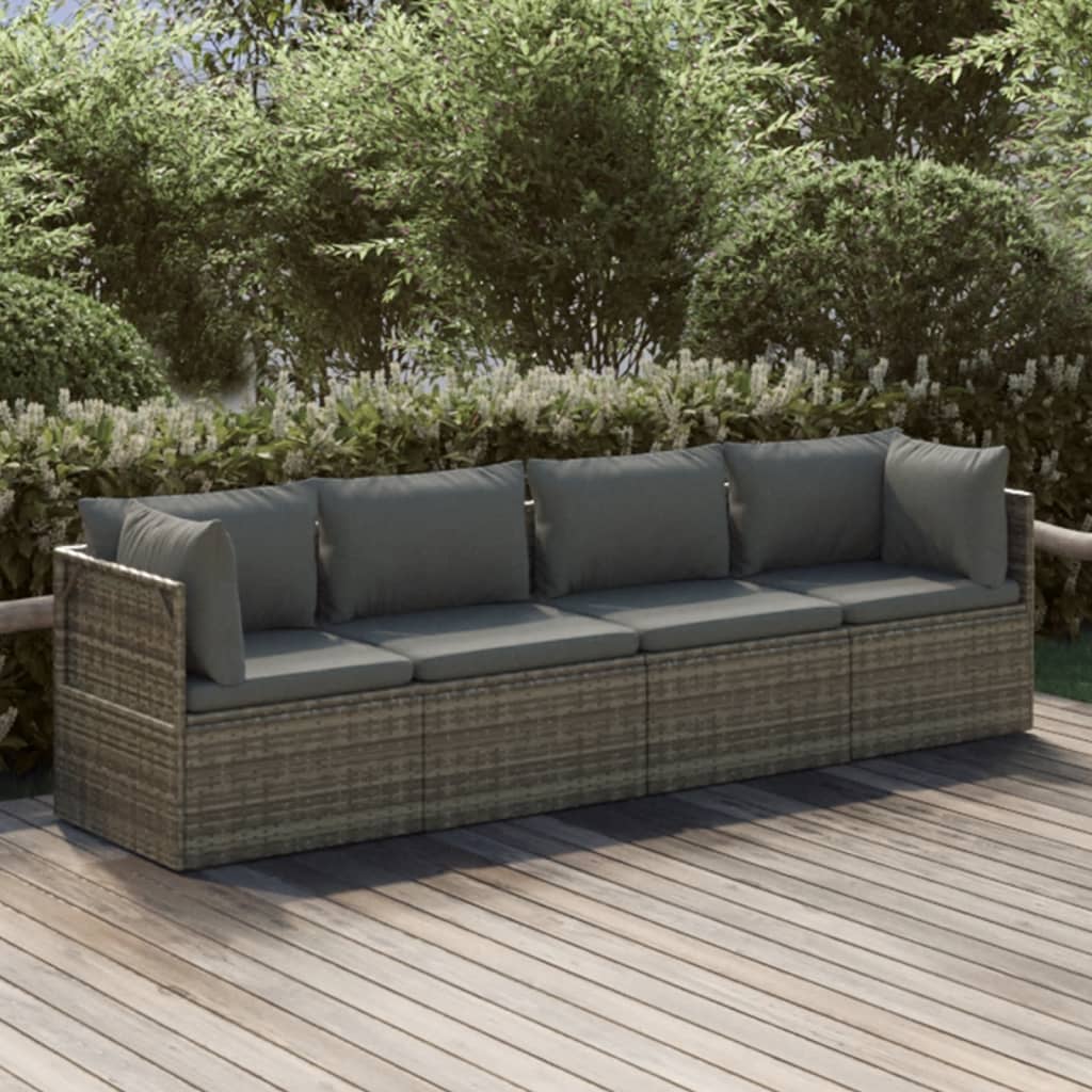 4-tlg. Garten-Lounge-Set mit Kissen Grau Poly Rattan