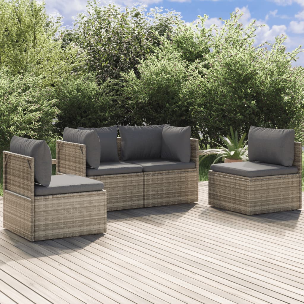 4-tlg. Garten-Lounge-Set mit Kissen Grau Poly Rattan