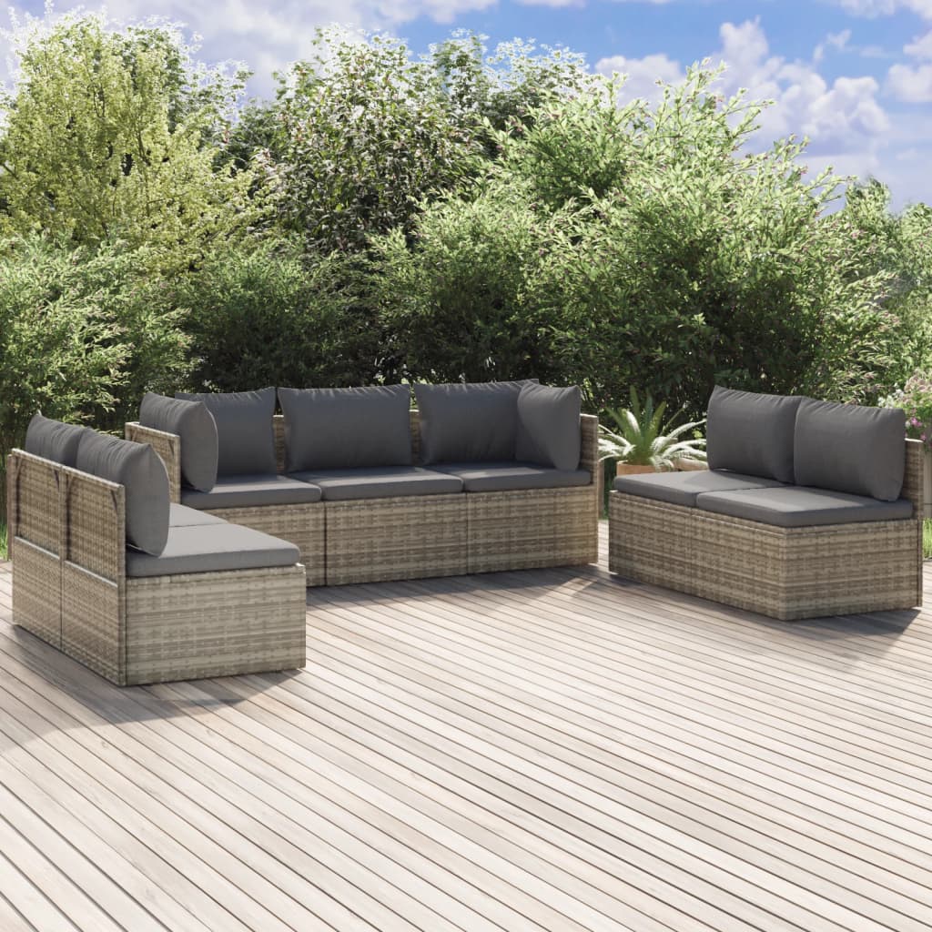 7-tlg. Garten-Lounge-Set mit Kissen Grau Poly Rattan