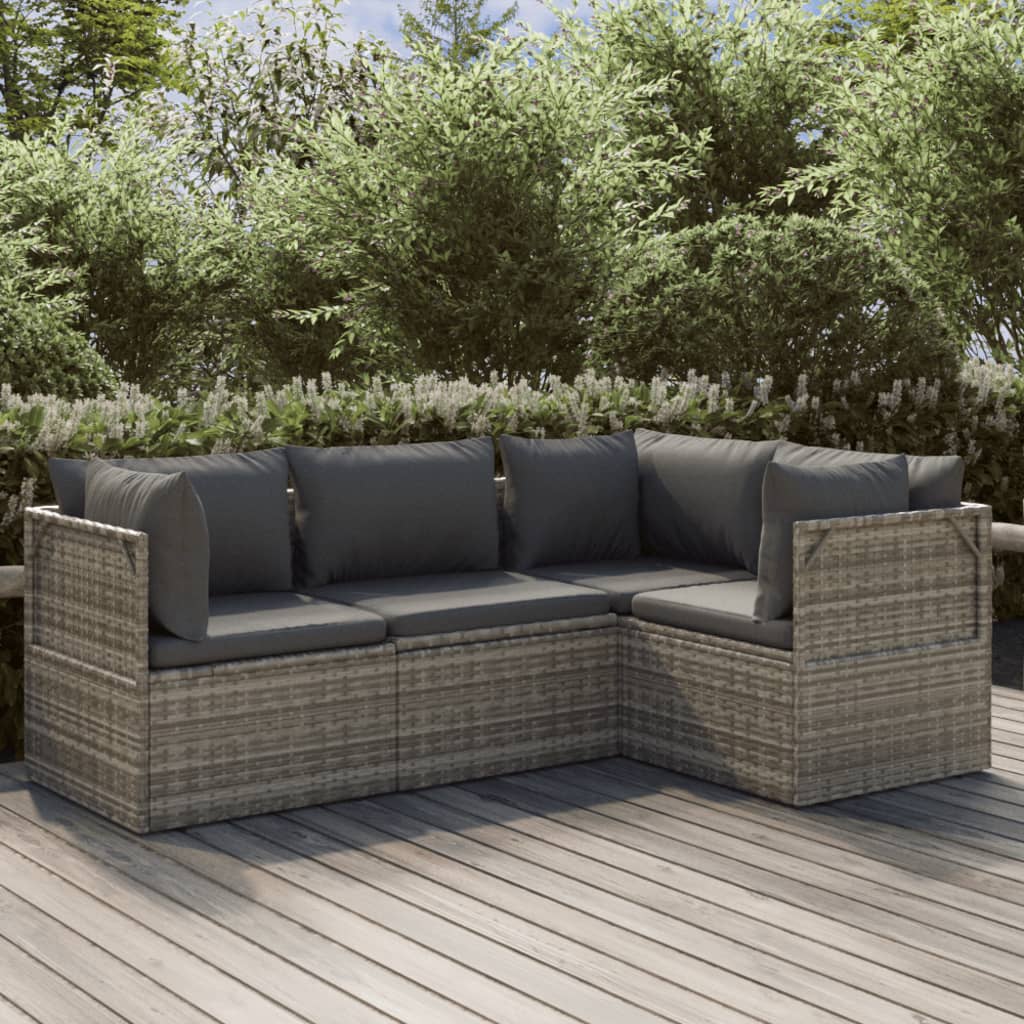 4-tlg. Garten-Lounge-Set mit Kissen Grau Poly Rattan