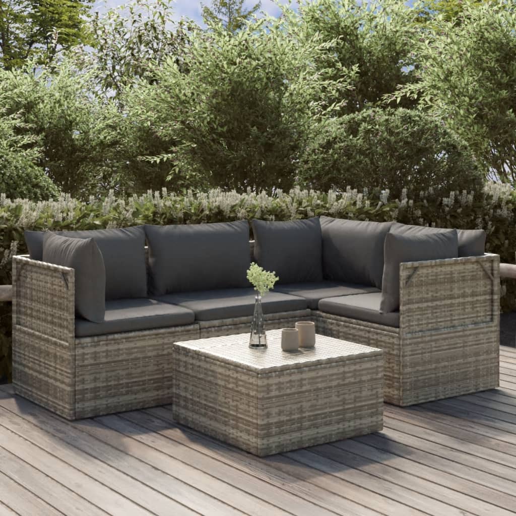 4-tlg. Garten-Lounge-Set mit Kissen Grau Poly Rattan