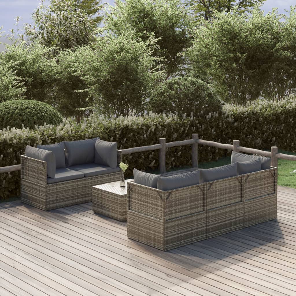 6-tlg. Garten-Lounge-Set mit Kissen Grau Poly Rattan