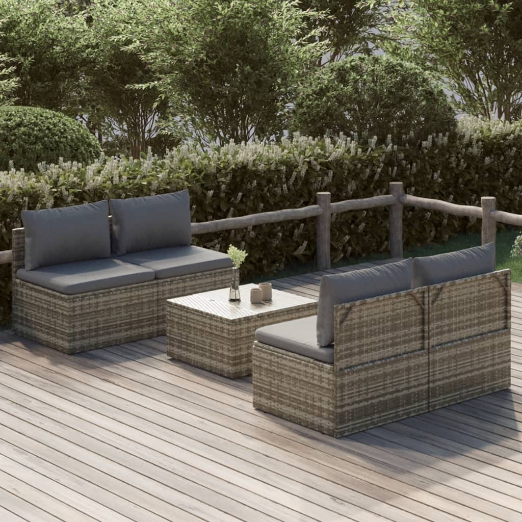 6-tlg. Garten-Lounge-Set mit Kissen Grau Poly Rattan