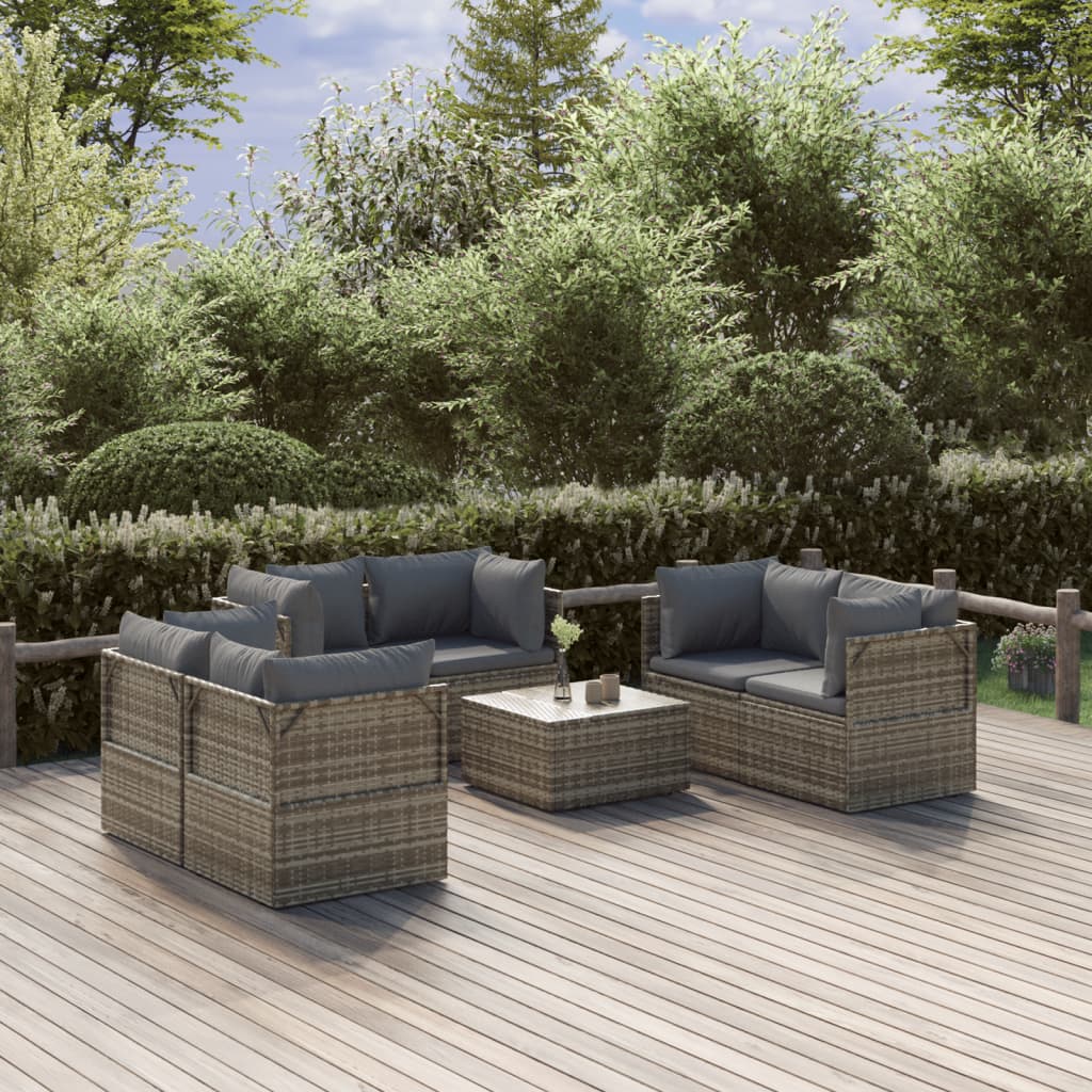 7-tlg. Garten-Lounge-Set mit Kissen Grau Poly Rattan