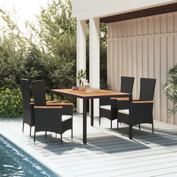 3-tlg. Garten-Essgruppe mit Kissen Schwarz Poly Rattan