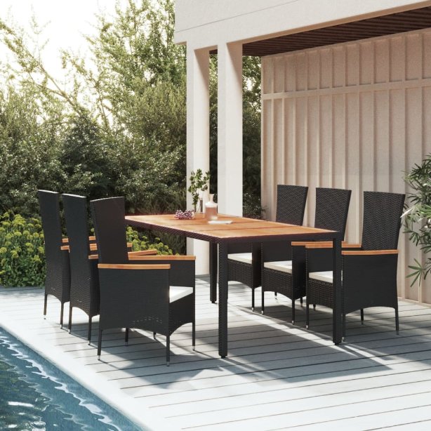3-tlg. Garten-Essgruppe mit Kissen Schwarz Poly Rattan