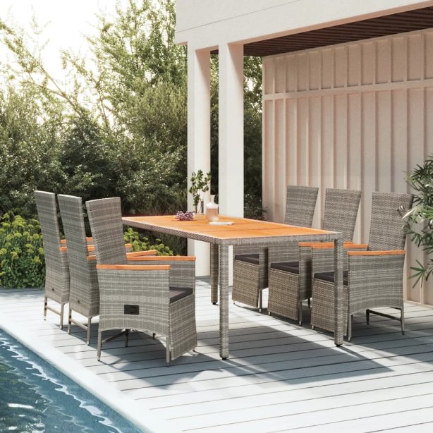 3-tlg. Garten-Essgruppe mit Kissen Grau Poly Rattan