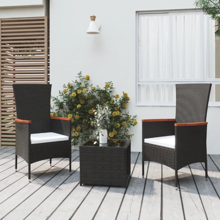 3-tlg. Garten-Lounge-Set Schwarz Poly Rattan Massivholz Akazie