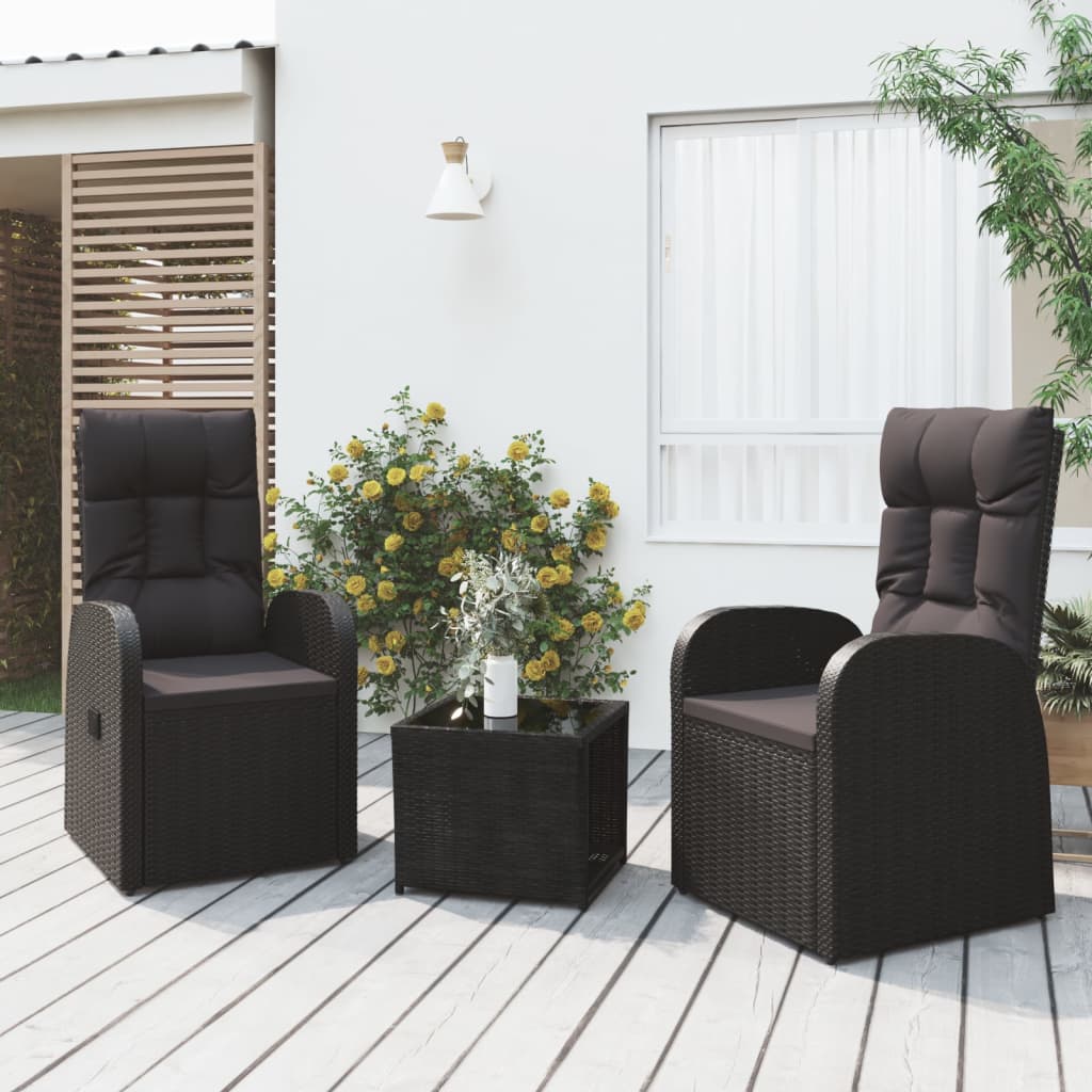 3-tlg. Garten-Lounge-Set Schwarz Poly Rattan Massivholz Akazie