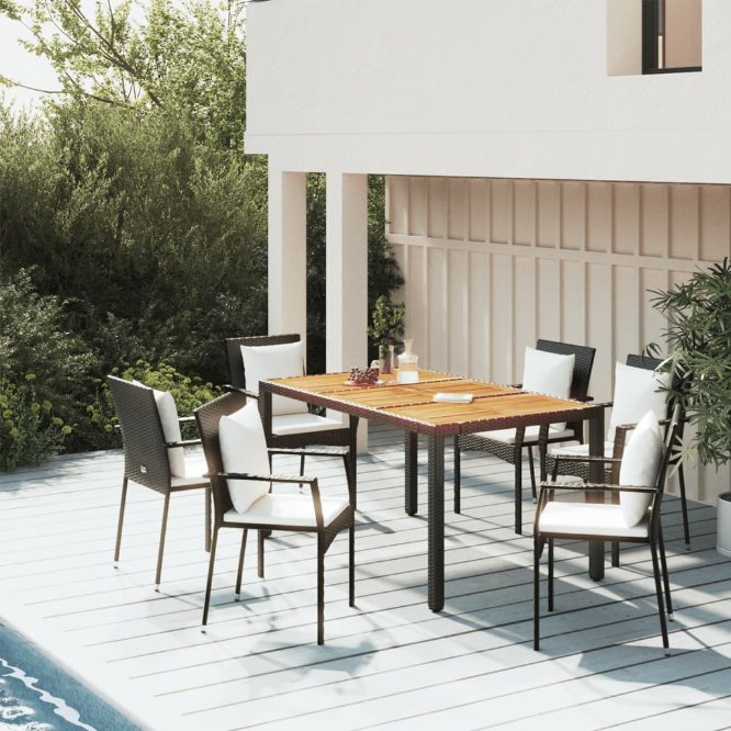 3-tlg. Garten-Essgruppe mit Kissen Schwarz Poly Rattan