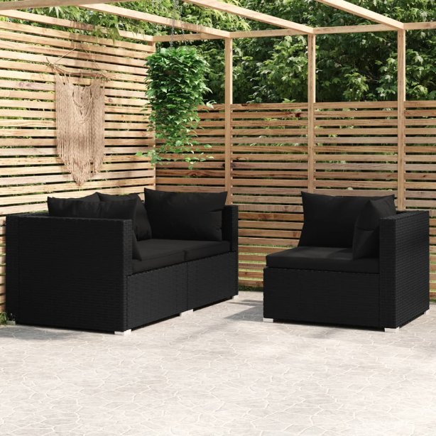 vidaXL 3-tlg. Garten-Lounge-Set mit Auflagen Schwarz Poly Rattan