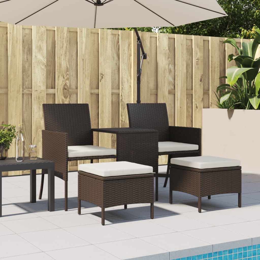 vidaXL Gartensofa 2-Sitzer mit Tisch und Hockern Braun Poly Rattan