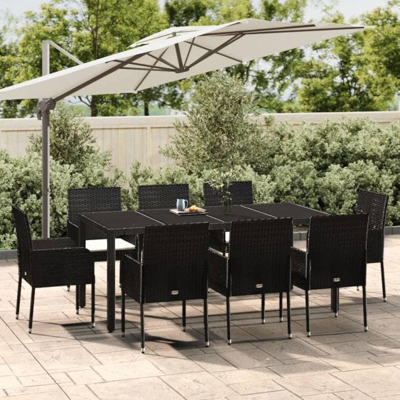 3-tlg. Garten-Essgruppe mit Kissen Schwarz Poly Rattan
