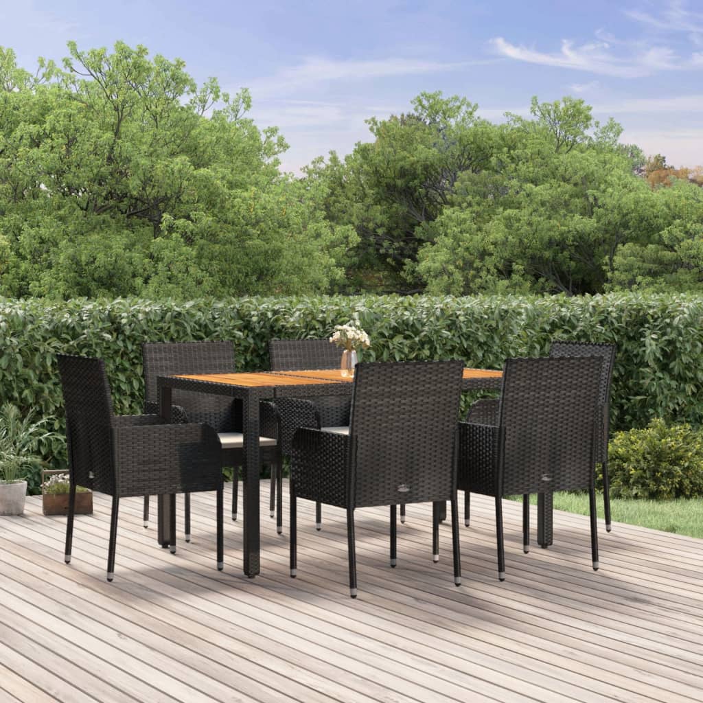 3-tlg. Garten-Essgruppe mit Kissen Schwarz Poly Rattan