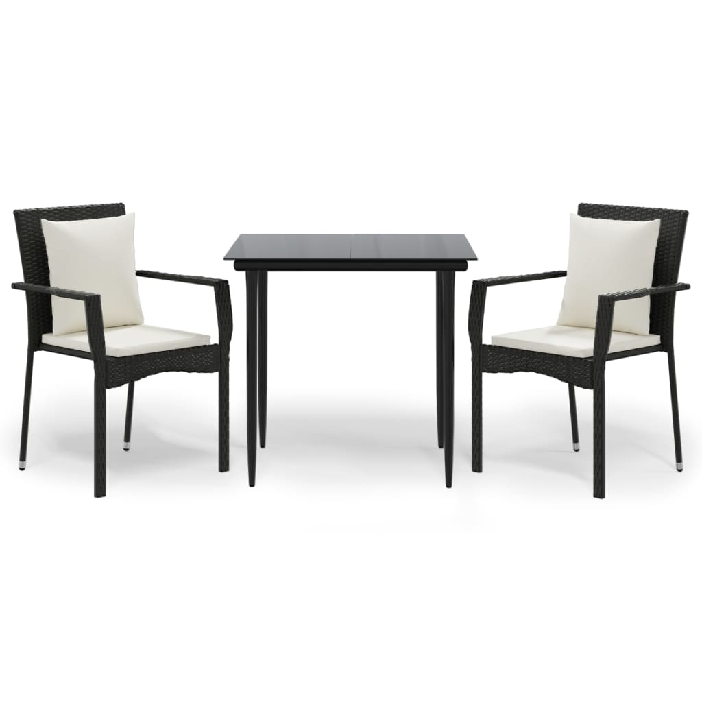 3-tlg. Garten-Essgruppe mit Kissen Schwarz Poly Rattan
