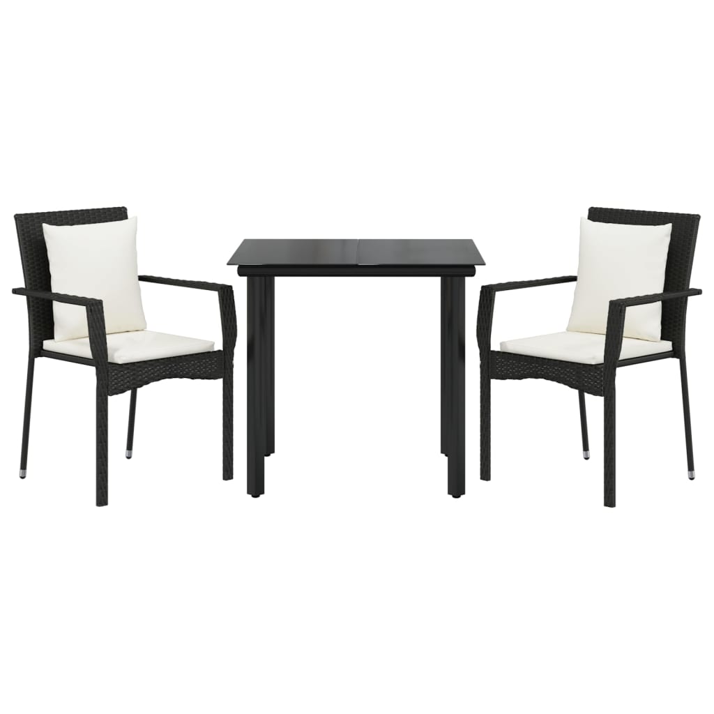 3-tlg. Garten-Essgruppe mit Kissen Schwarz Poly Rattan