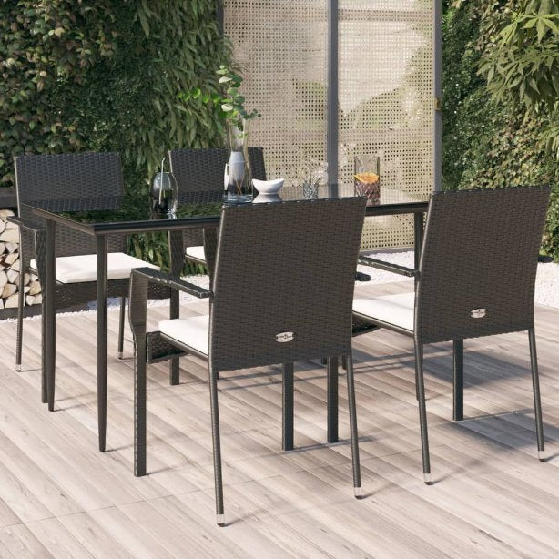 3-tlg. Garten-Essgruppe mit Kissen Schwarz Poly Rattan