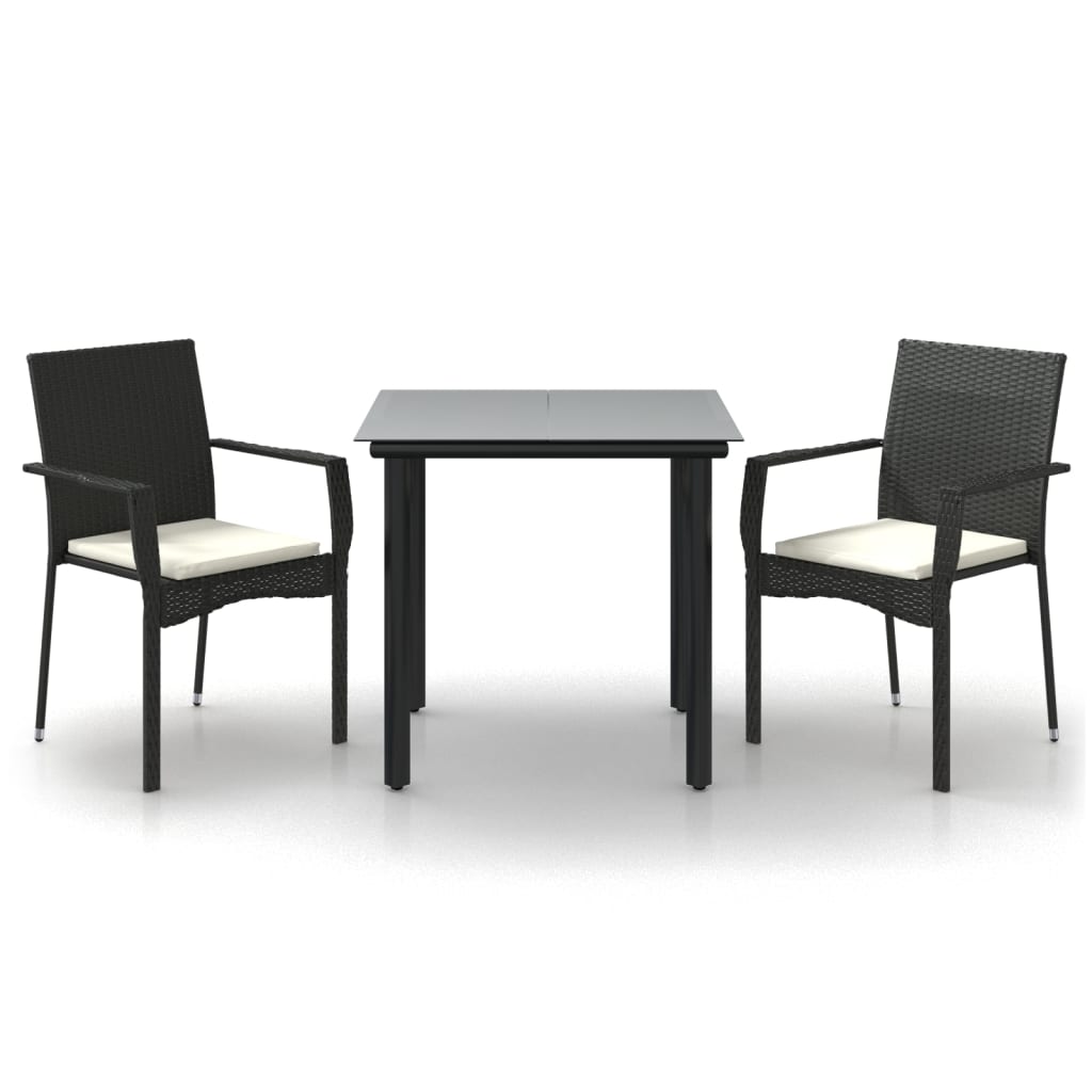 3-tlg. Garten-Essgruppe mit Kissen Schwarz Poly Rattan