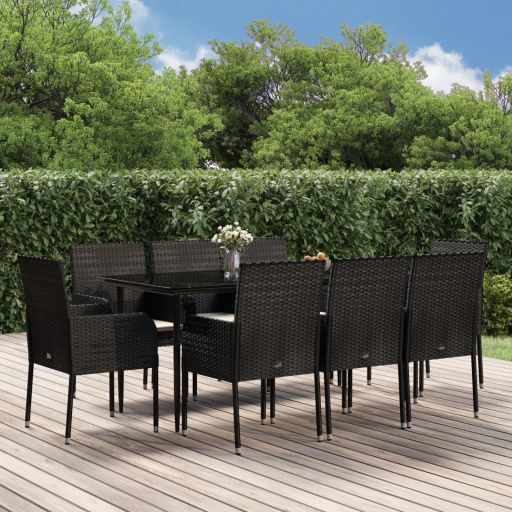 3-tlg. Garten-Essgruppe mit Kissen Schwarz Poly Rattan