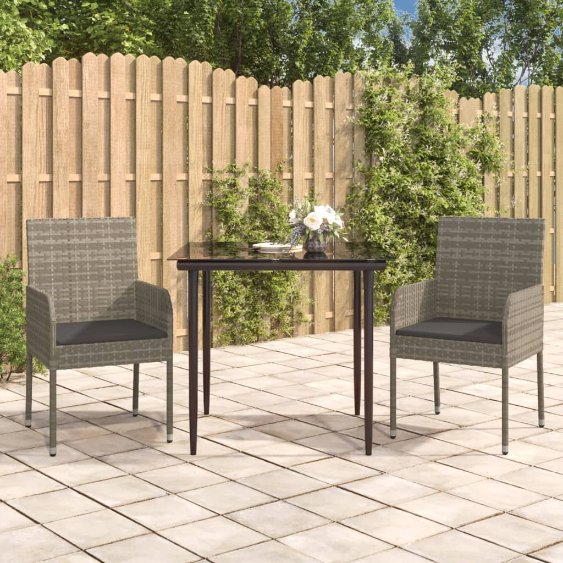 3-tlg. Garten-Essgruppe mit Kissen Schwarz Poly Rattan