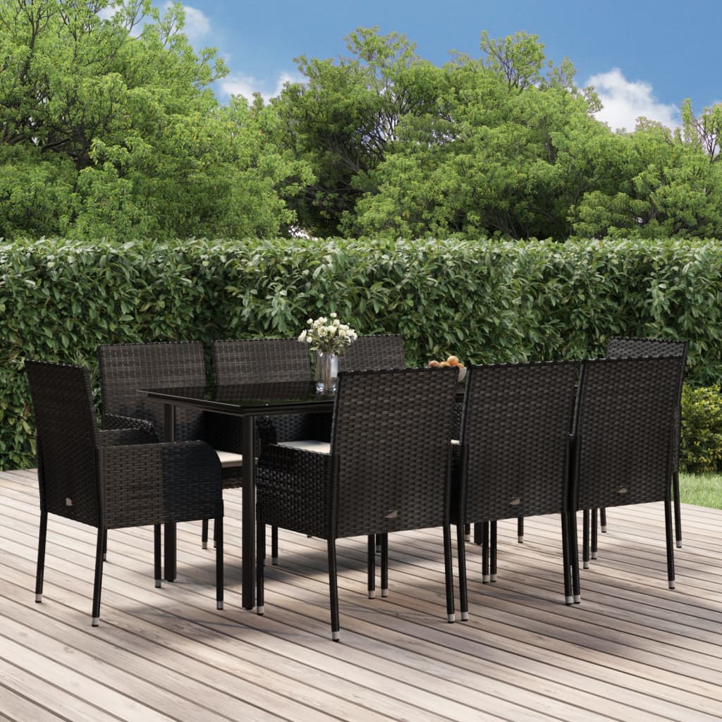 3-tlg. Garten-Essgruppe mit Kissen Schwarz Poly Rattan