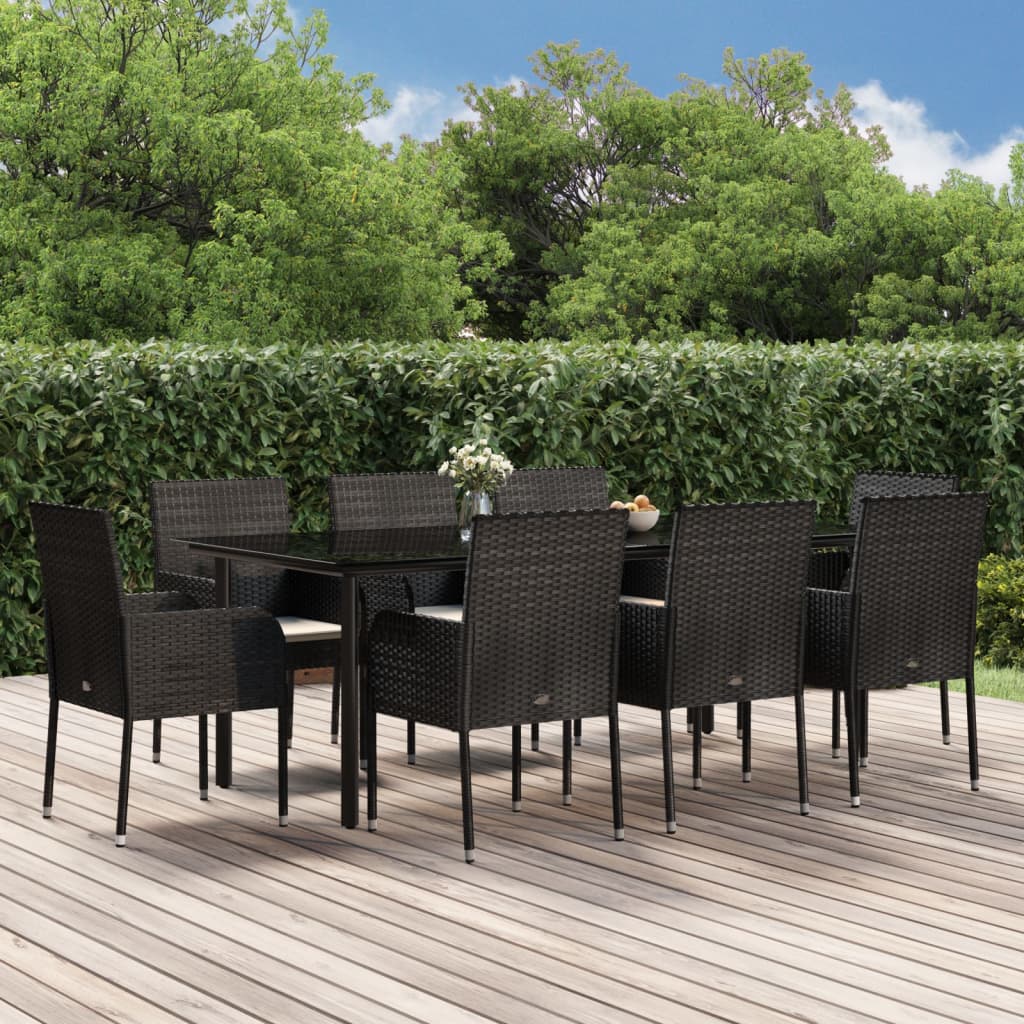3-tlg. Garten-Essgruppe mit Kissen Schwarz Poly Rattan