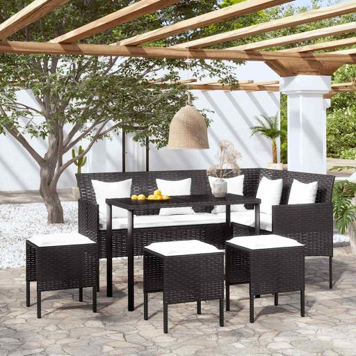 5-tlg. Sofagarnitur in L-Form mit Kissen Poly Rattan Braun