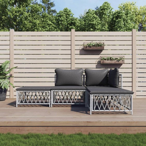 3-tlg. Garten-Lounge-Set mit Kissen Weiß Stahl