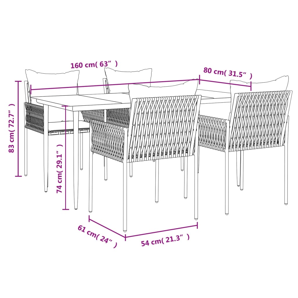 5-tlg. Garten-Essgruppe mit Kissen Poly Rattan und Stahl