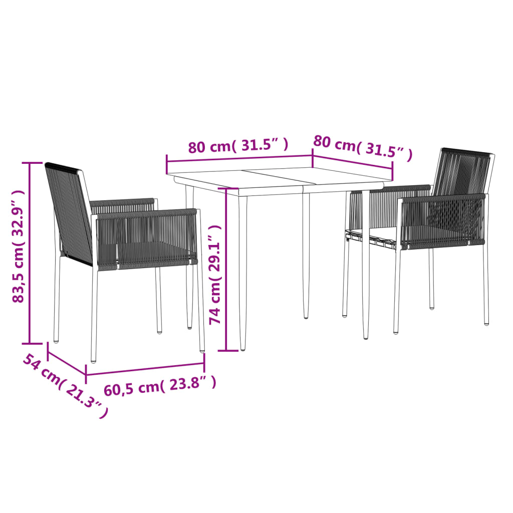 3-tlg. Garten-Essgruppe mit Kissen Schwarz Poly Rattan & Stahl