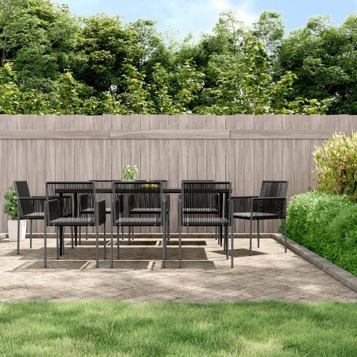 3-tlg. Garten-Essgruppe mit Kissen Schwarz Poly Rattan & Stahl