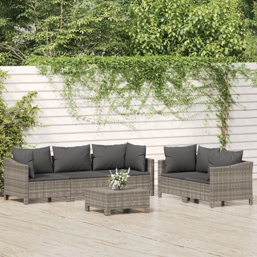 5-tlg. Garten-Lounge-Set mit Kissen Grau Poly Rattan