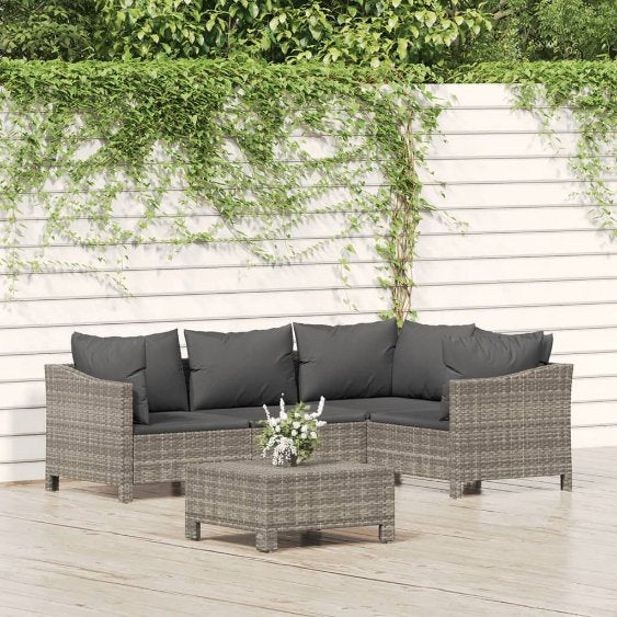 4-tlg. Garten-Lounge-Set mit Kissen Grau Poly Rattan