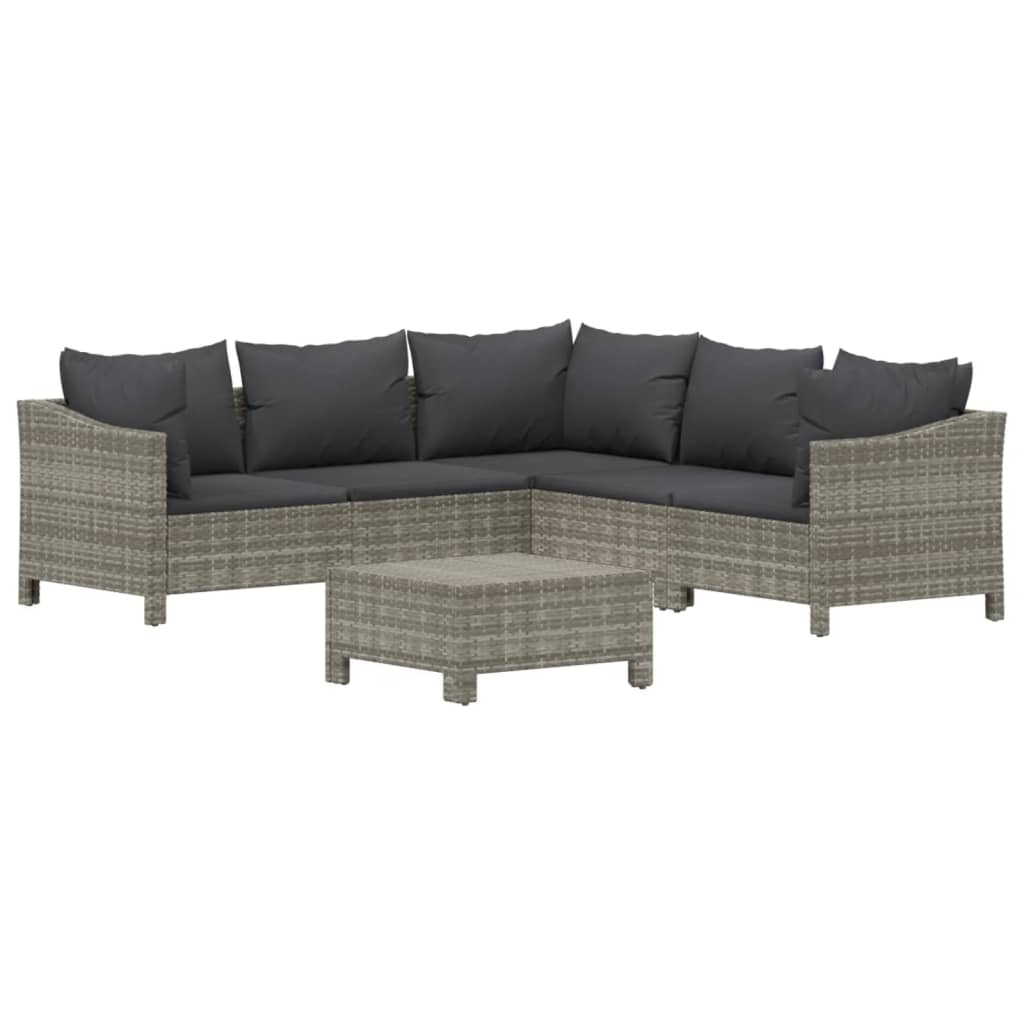 6-tlg. Garten-Lounge-Set mit Kissen Grau Poly Rattan