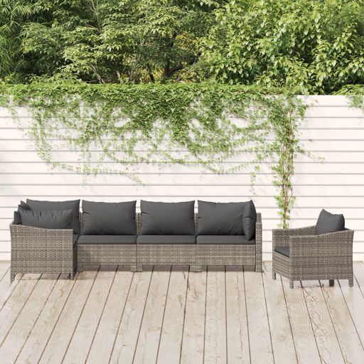 5-tlg. Garten-Lounge-Set mit Kissen Grau Poly Rattan