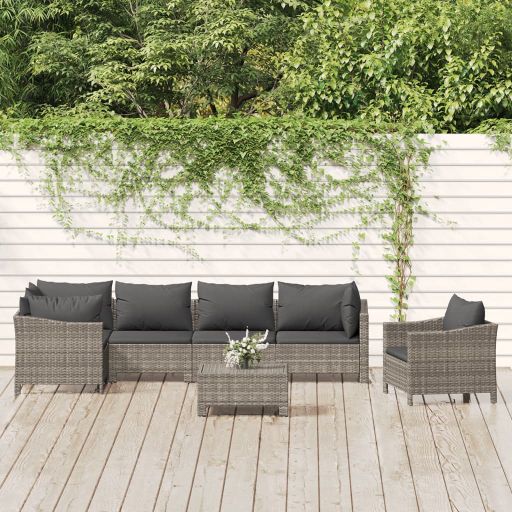 5-tlg. Garten-Lounge-Set mit Kissen Grau Poly Rattan