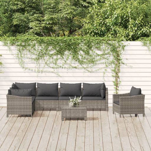 7-tlg. Garten-Lounge-Set mit Kissen Grau Poly Rattan