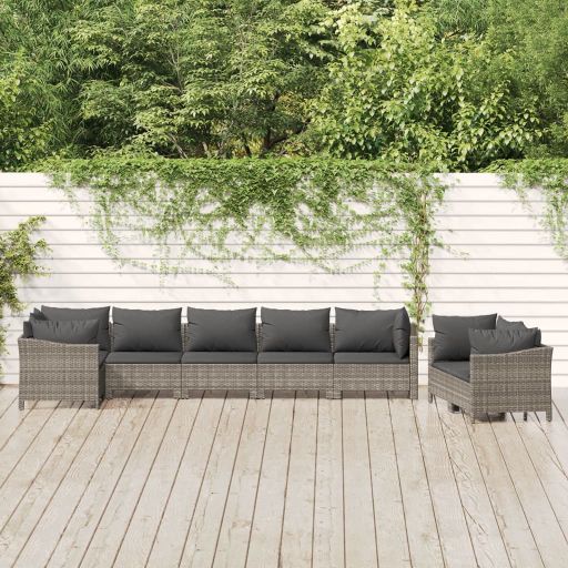 7-tlg. Garten-Lounge-Set mit Kissen Grau Poly Rattan