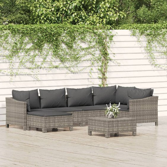 6-tlg. Garten-Lounge-Set mit Kissen Grau Poly Rattan