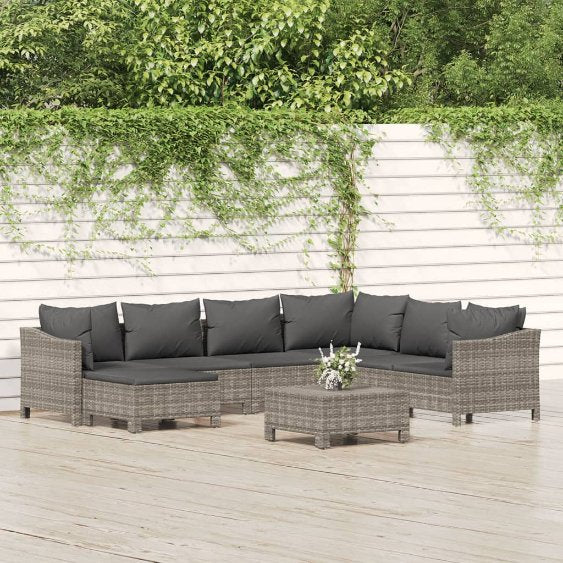7-tlg. Garten-Lounge-Set mit Kissen Grau Poly Rattan