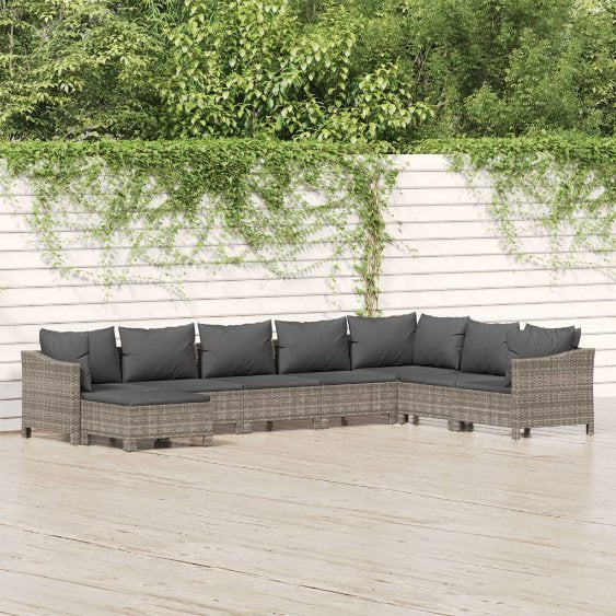 7-tlg. Garten-Lounge-Set mit Kissen Grau Poly Rattan