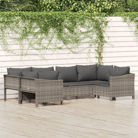 6-tlg. Garten-Lounge-Set mit Kissen Grau Poly Rattan