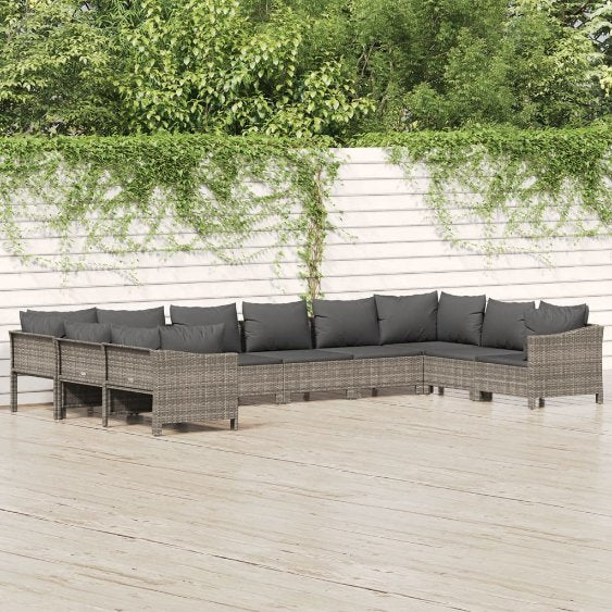 9-tlg. Garten-Lounge-Set mit Kissen Grau Poly Rattan