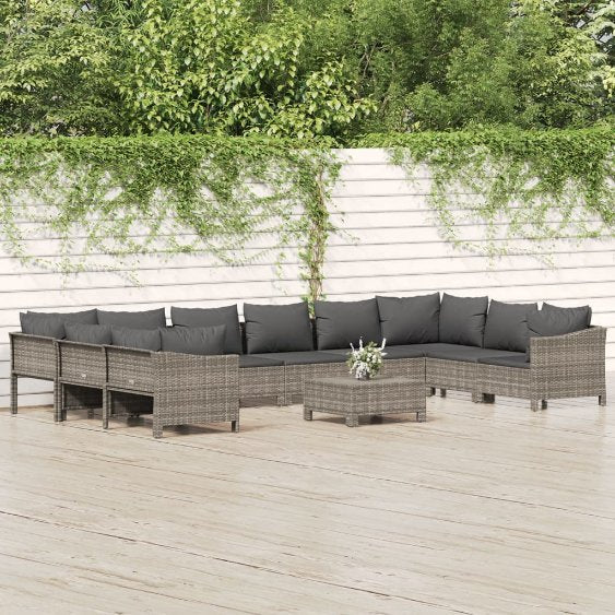 9-tlg. Garten-Lounge-Set mit Kissen Grau Poly Rattan