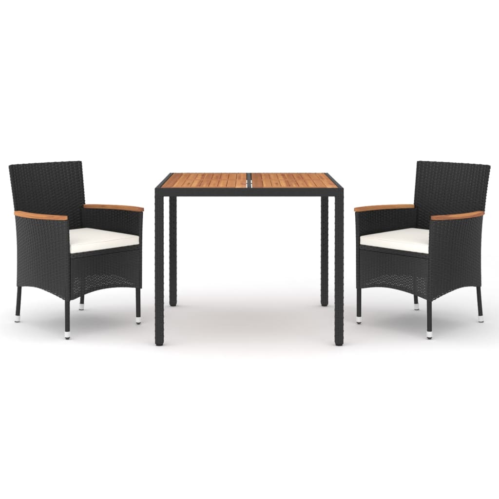 3-tlg. Garten-Essgruppe mit Kissen Schwarz Poly Rattan