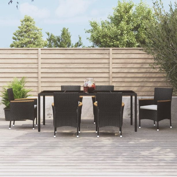 7-tlg. Garten-Essgruppe mit Kissen Schwarz Poly Rattan