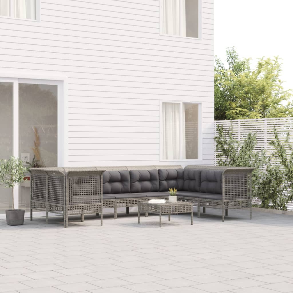 8-tlg. Garten-Lounge-Set mit Kissen Grau Poly Rattan