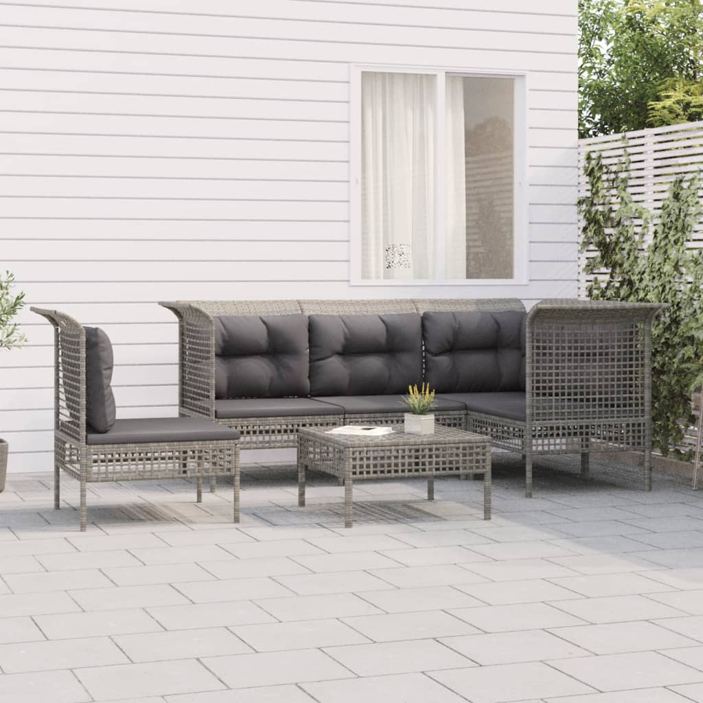 5-tlg. Garten-Lounge-Set mit Kissen Grau Poly Rattan